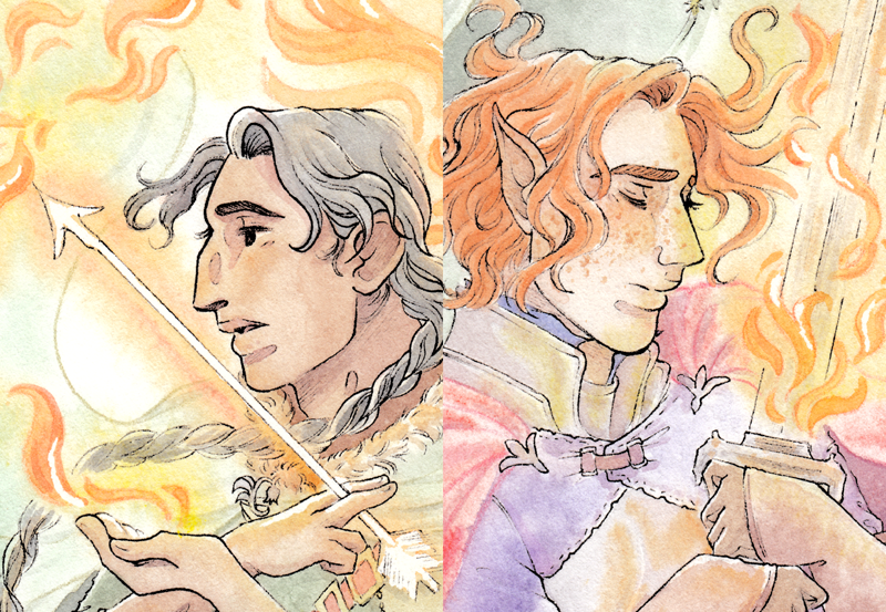 Kuvitus kahdesta p&auml;&auml;hahmosta vierekk&auml;in. Haukalla on k&auml;siss&auml;&auml;n hehkuva nuoli ja Ren'i pitelee liekehtiv&auml;&auml; miekkaa.
